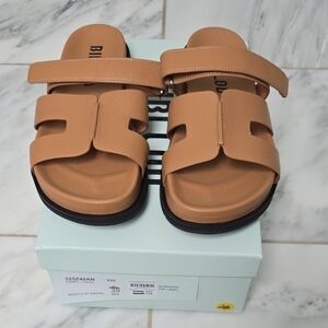 BIBI LOU Tan Cutout Slide Sandals • Flat Slip-On • Adjustable Strap